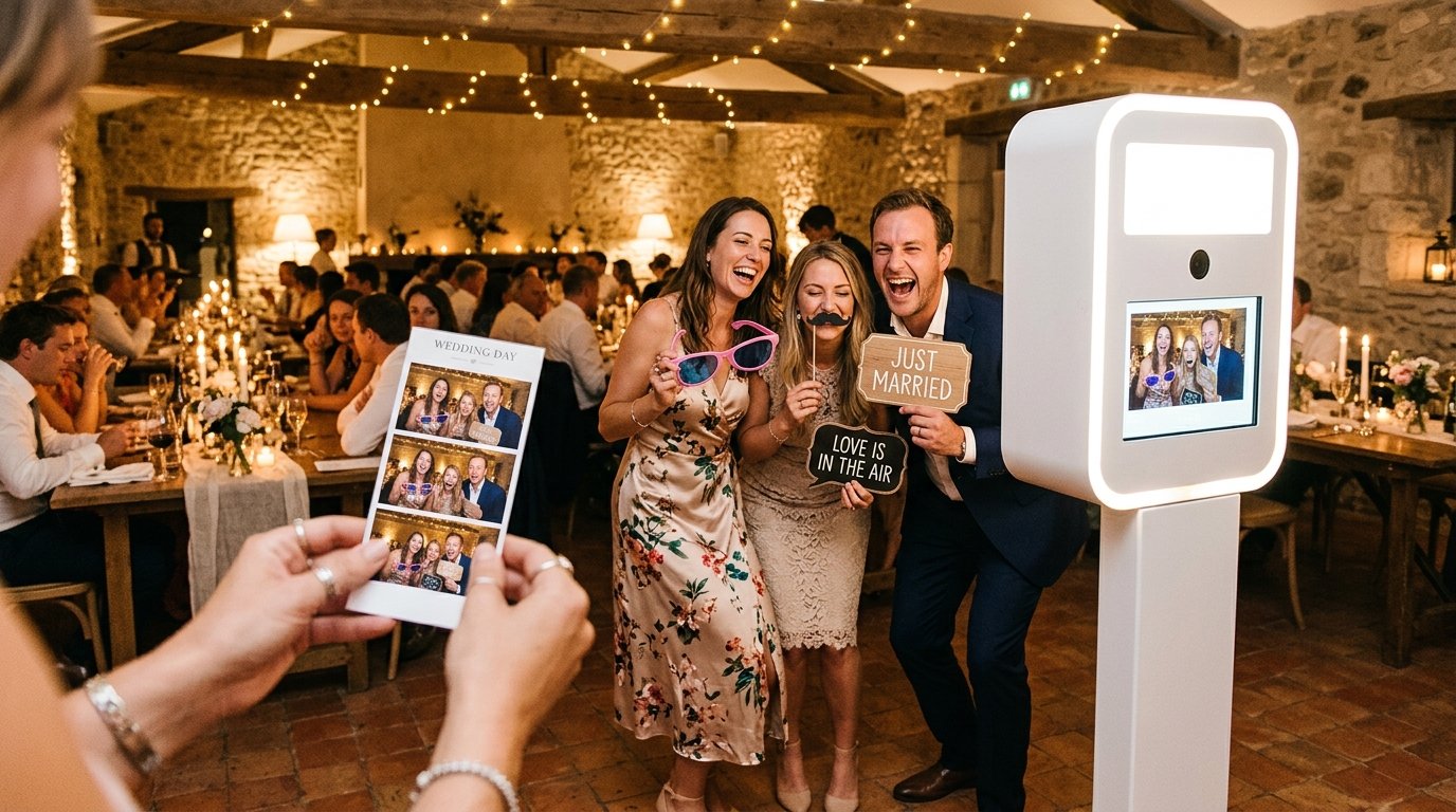 Location photobooth mariage Bouches-du-Rhône - invités utilisant la borne avec accessoires