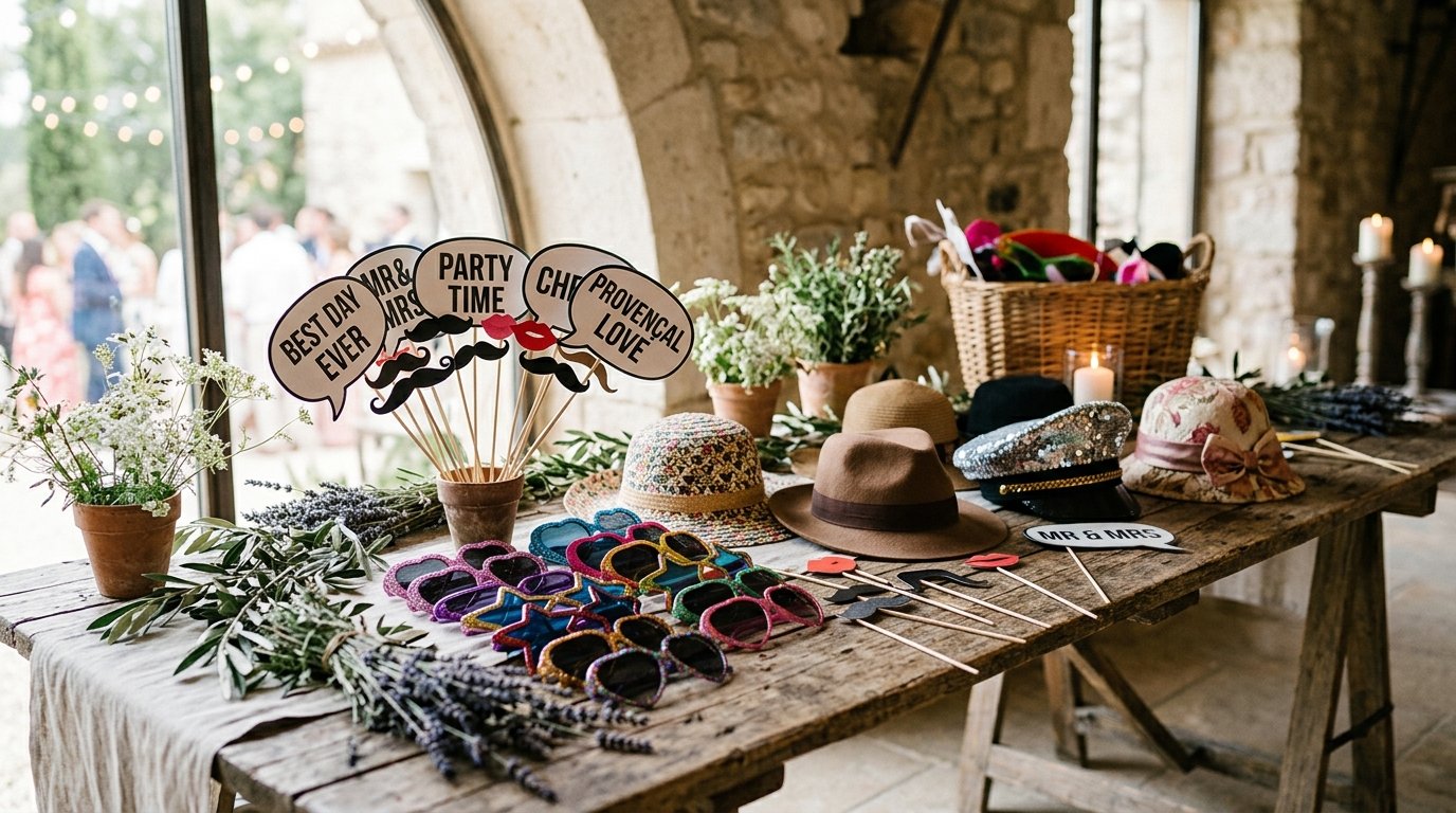 Location photobooth mariage Bouches-du-Rhône - accessoires fun sur table en bois