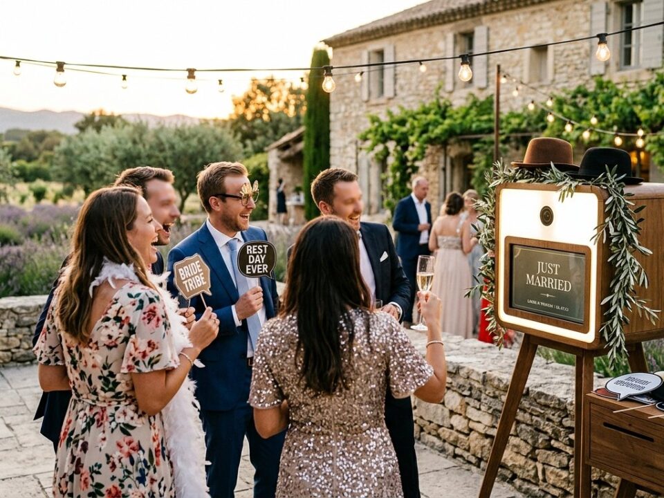 Location photobooth mariage Bouches-du-Rhone - reception elegante dans un mas provencal avec borne photo