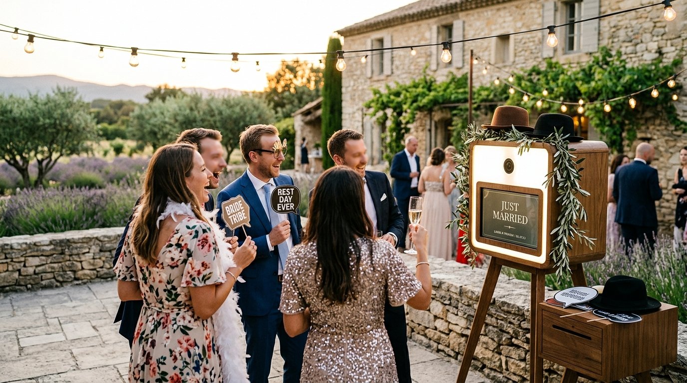 Location photobooth mariage Bouches-du-Rhône - réception élégante dans un mas provençal avec borne photo et invités