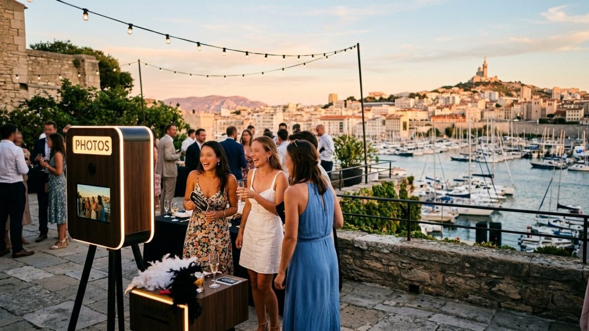 Location photobooth Marseille Vieux-Port - borne photo en bord de mer au coucher du soleil
