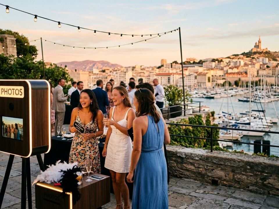 Location photobooth Marseille Vieux-Port - borne photo en bord de mer au coucher du soleil