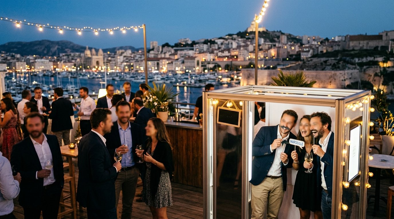 Location photobooth Marseille Vieux-Port - soirée d entreprise sur terrasse panoramique
