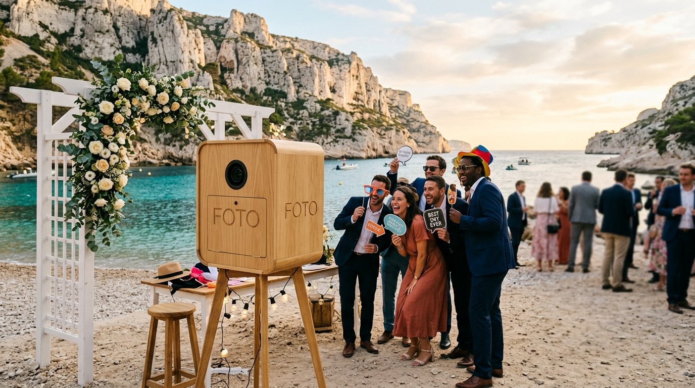 Location photobooth plage calanques - borne photo Smiily face aux falaises blanches de Cassis au coucher de soleil