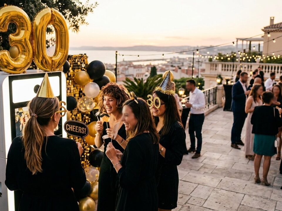 Photobooth anniversaire 30 ans Marseille - soiree festive avec borne photo et ballons dores