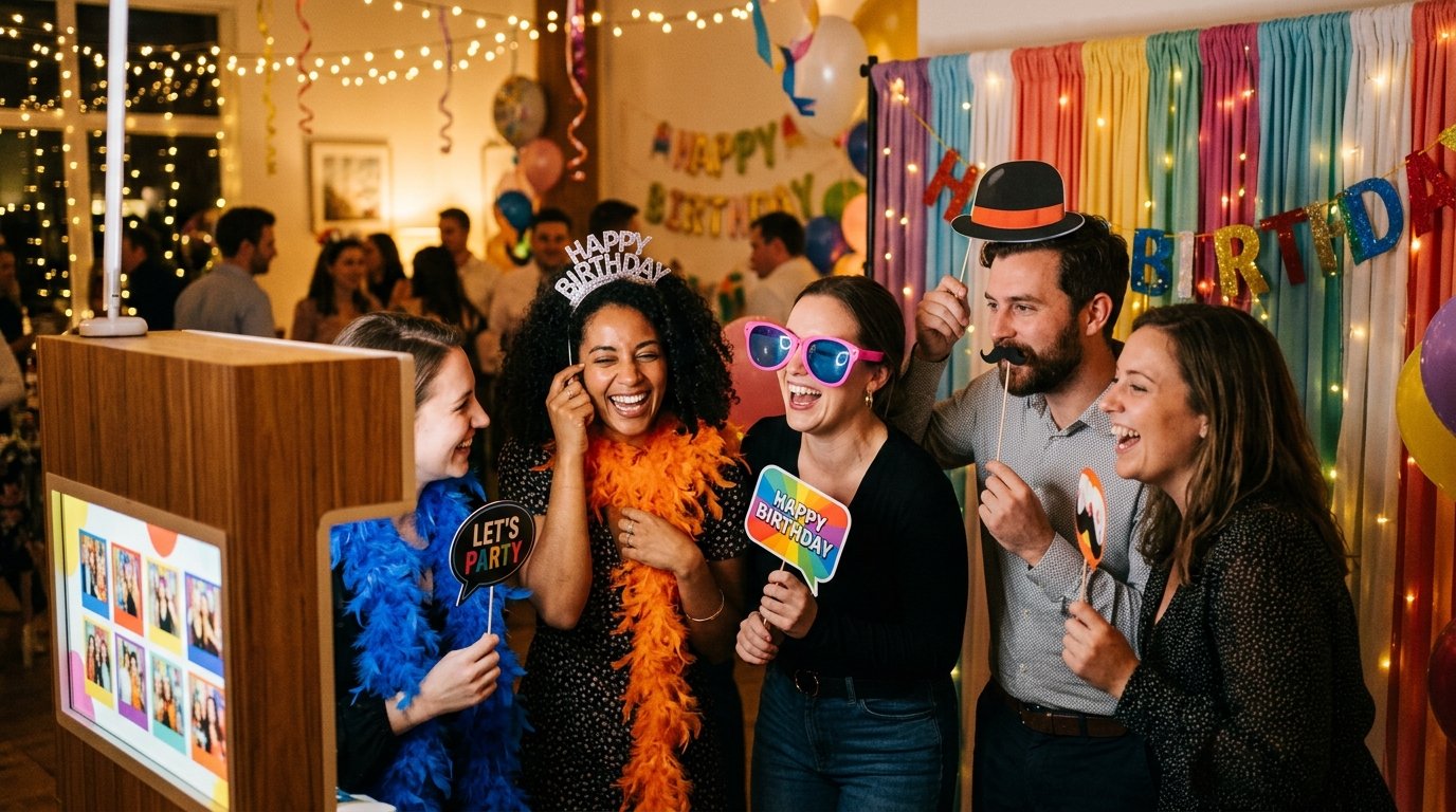 Photobooth anniversaire 30 ans Marseille - invités posant avec accessoires fun