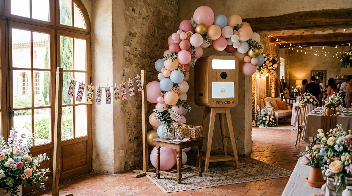 Photobooth baby shower Marseille - borne installée avec arche de ballons pastel