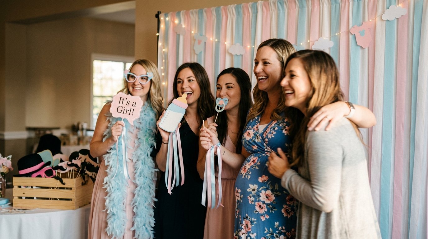 Photobooth baby shower Marseille - invitées posant avec accessoires pastel