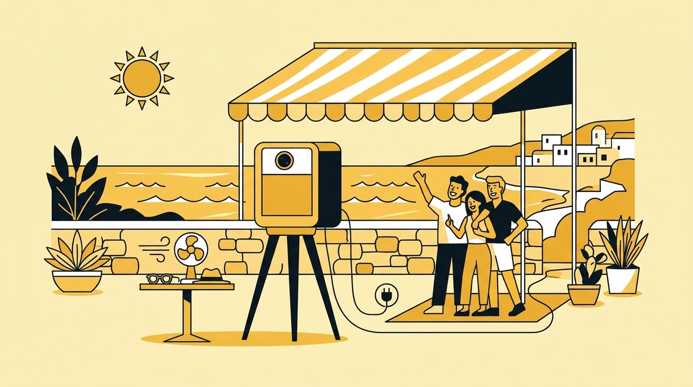 Photobooth calanques Cassis - contraintes d'installation en extérieur soleil vent alimentation