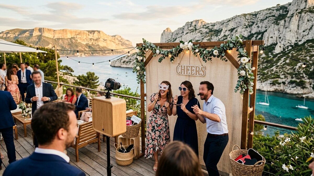 Photobooth calanques Cassis - borne photo face aux calanques au coucher du soleil
