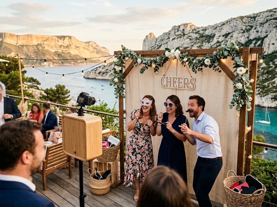 Photobooth calanques Cassis - borne photo face aux calanques au coucher du soleil