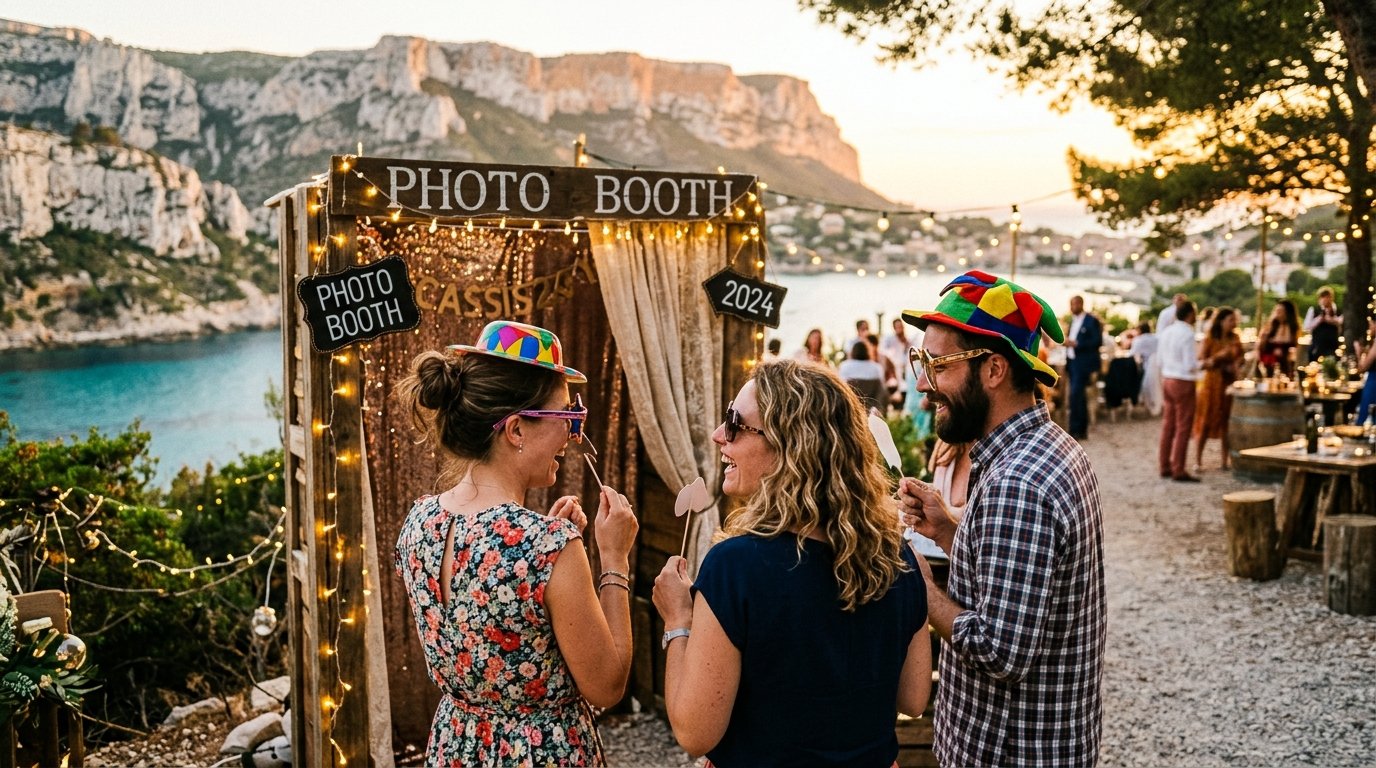 Photobooth calanques Cassis - invités utilisant la borne photo en extérieur avec accessoires