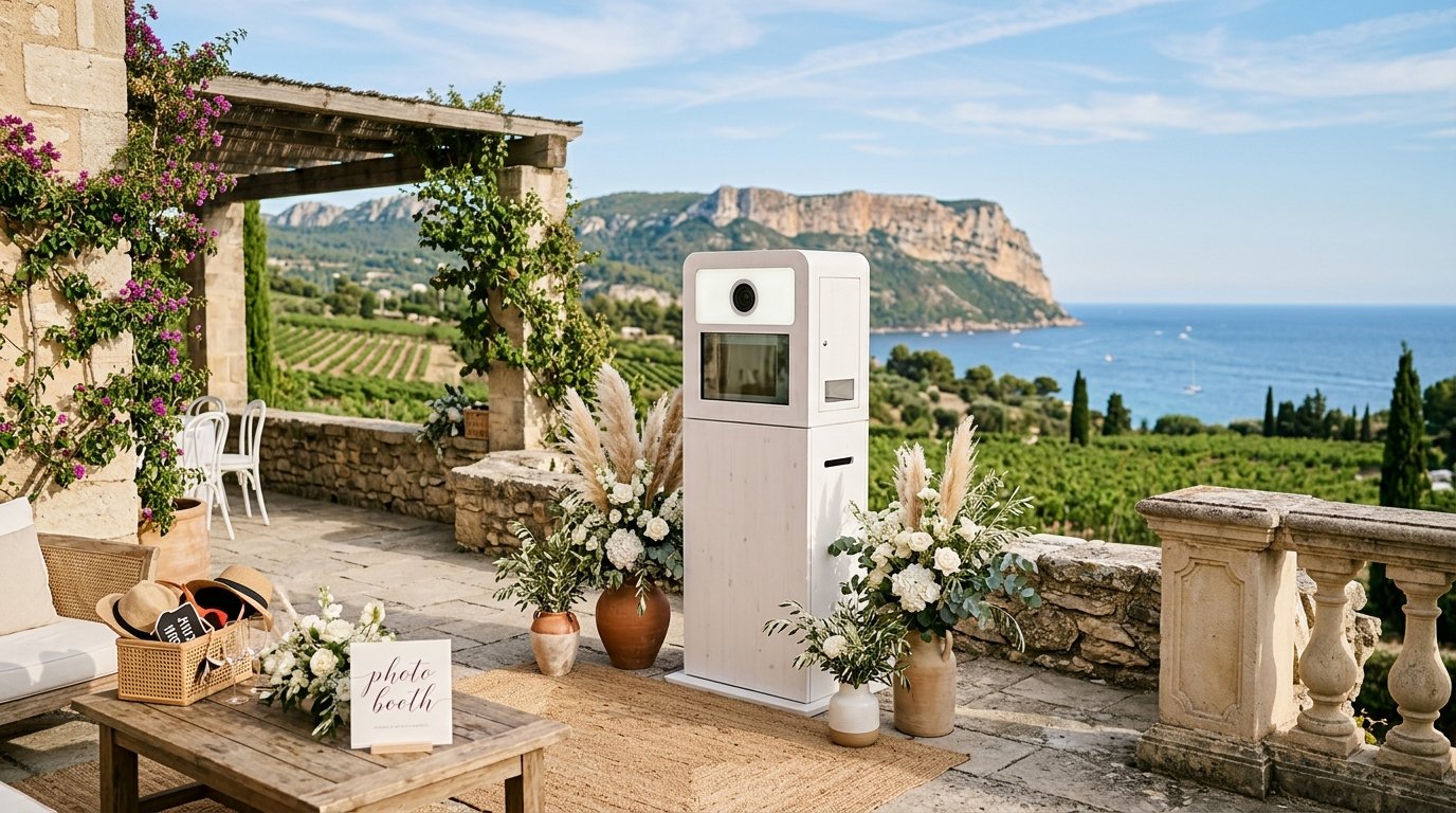 Photobooth calanques Cassis - borne photo sur une terrasse avec vue mer en Provence