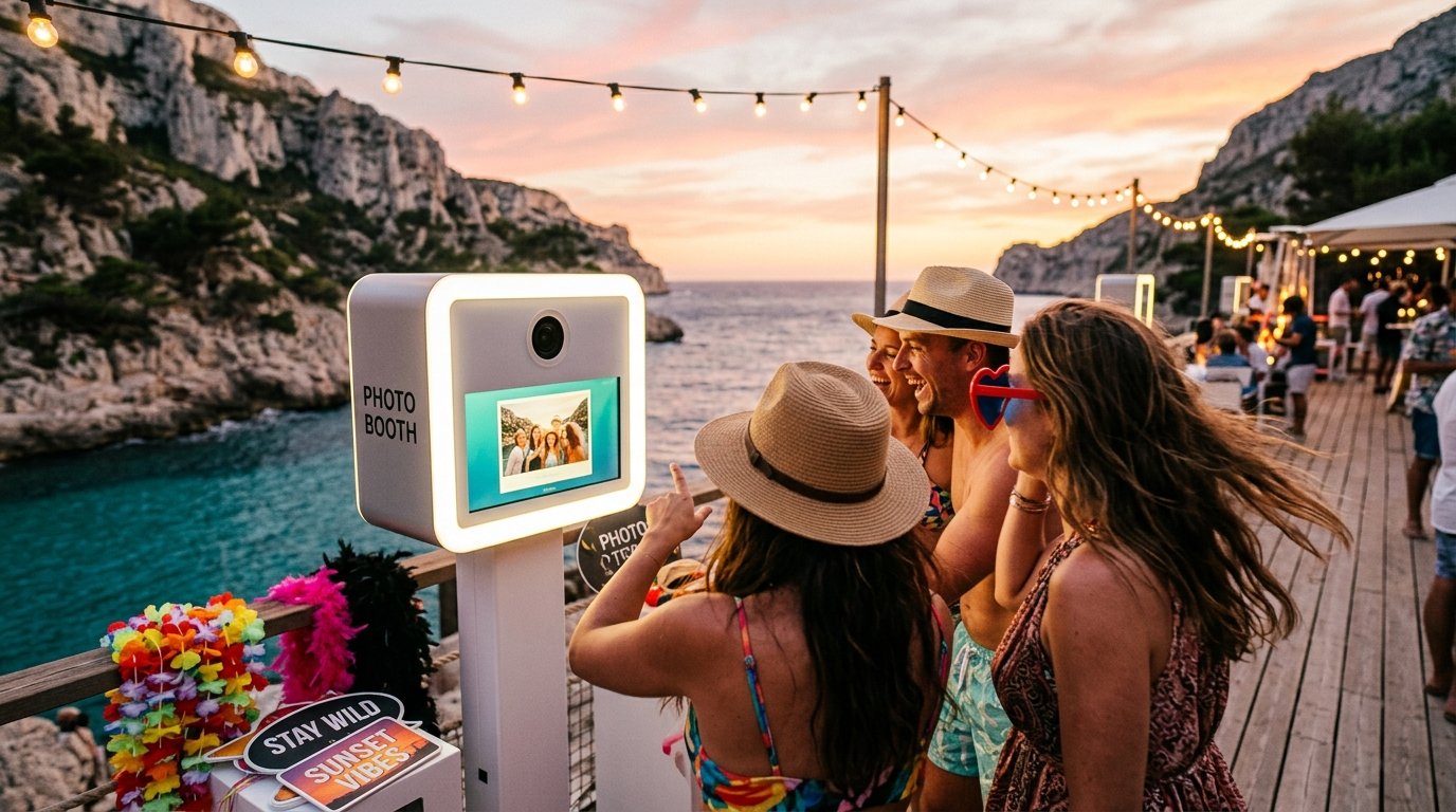 Location photobooth plage calanques - invités utilisant une borne photo au coucher de soleil