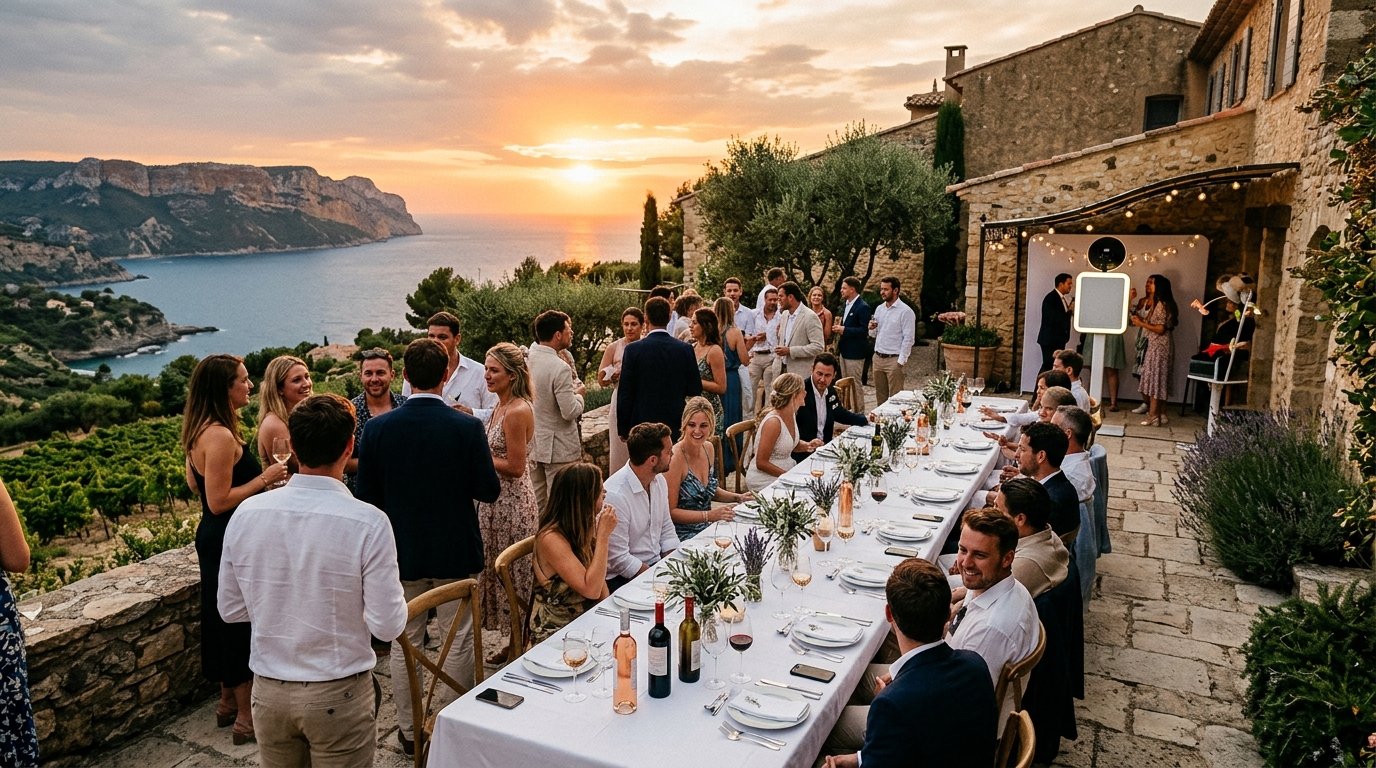 Photobooth domaine viticole Cassis - terrasse vue mer au coucher du soleil