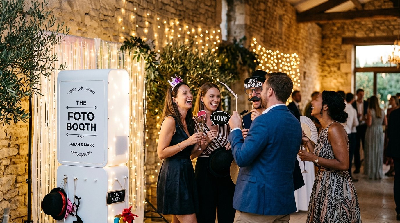 Photobooth mariage Cassis - invités posant avec accessoires