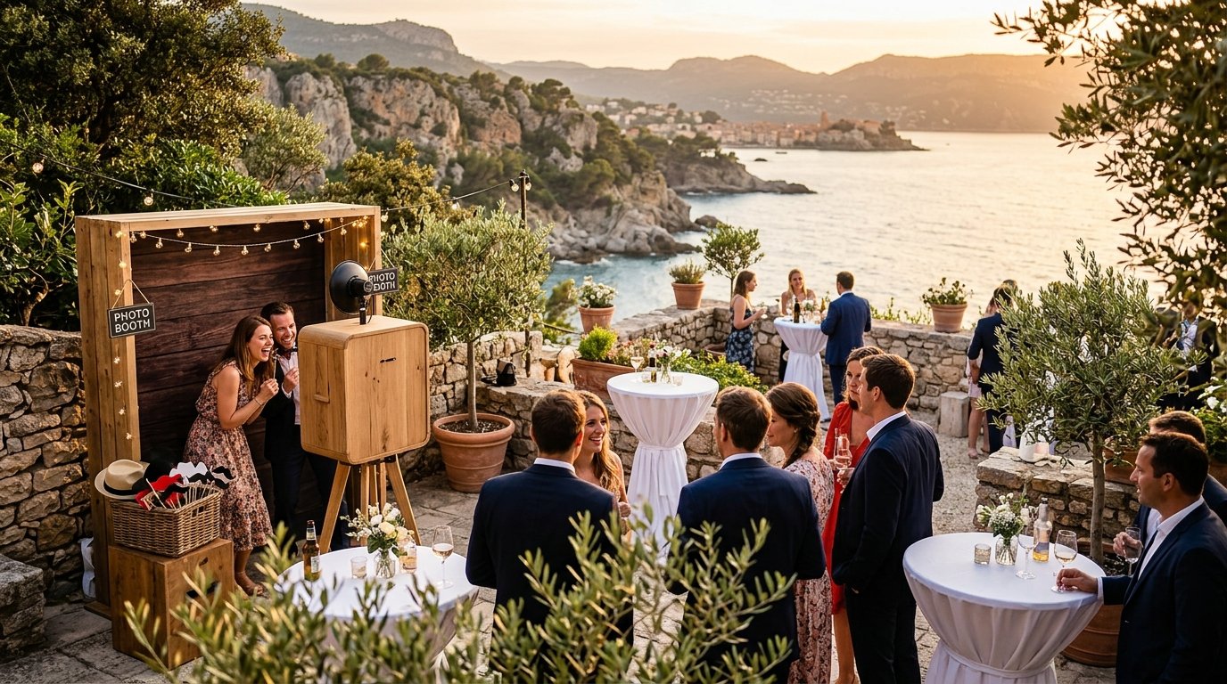 Photobooth mariage Cassis - terrasse vue mer avec borne photo