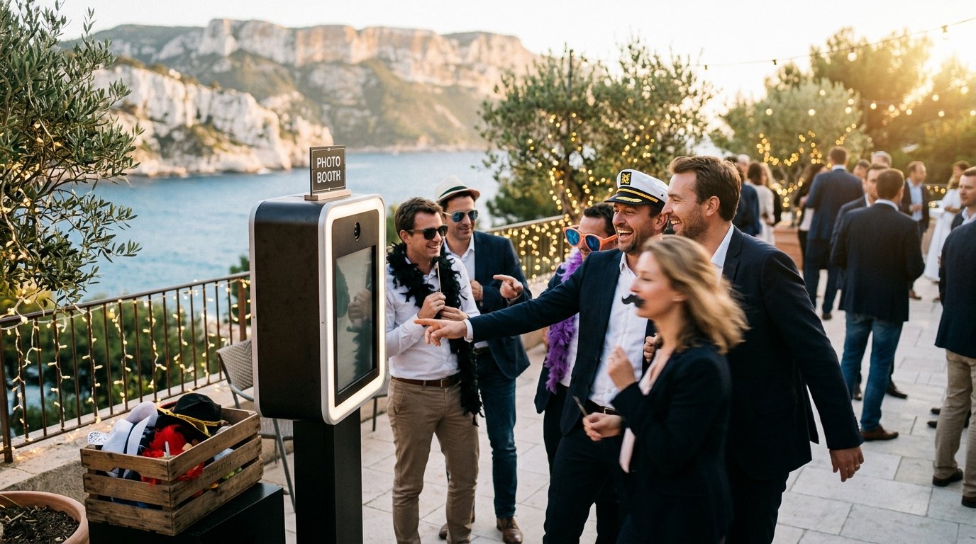 photobooth séminaire entreprise cassis - borne photo sur une terrasse vue mer à Cassis