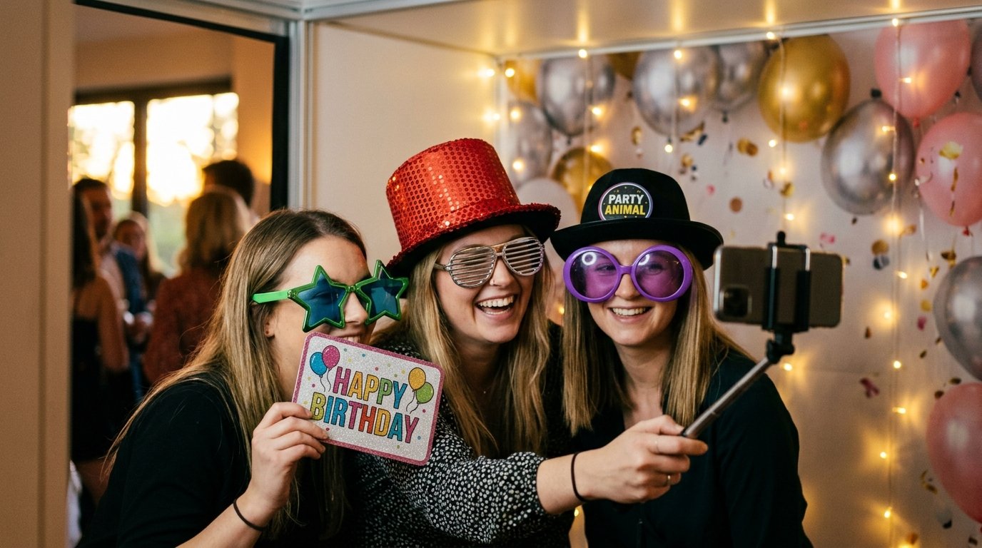 photobooth anniversaire Cassis - invités avec accessoires devant la borne photo